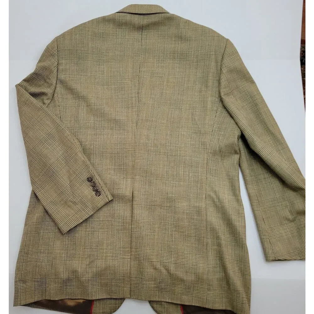 Pendleton Wool Silk Linen Blend Balzer 44R Plaid Brown Blue Tan 2 Button Vintage